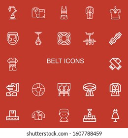 Editable 22 belt icons for web and mobile. Set of belt included icons line Industrial robot, Clothes, Bathrobe, Clothing, Boxing, Lifesaver, Conveyor, Seat belt on red background