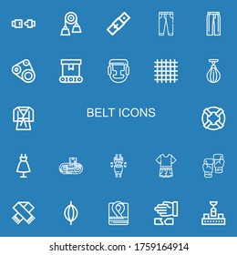 Editable 22 belt icons for web and mobile. Set of belt included icons line Seat belt, Pulley, Jeans, Trousers, Timing Conveyor, Boxing, Cloth, Boxing bag on blue background