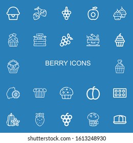 Editable 22 berry icons for web and mobile. Set of berry included icons line Cupcake, Strawberry, Grapes, Apricot, Fruit, Kiwi, Muffin, Plum, Carambola, Grape on blue background