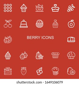 Editable 22 berry icons for web and mobile. Set of berry included icons line Caramel, Muffin, Fruit, Cupcake, Grapes, Cherry, Dessert, Apricot, Fruits, Sponge cake on red background