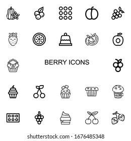 Editable 22 iconos de berry para web y móvil. Conjunto de bayas incluidas íconos línea Carambola, Blueberry, Caramel, Plum, uvas, fresa, Kiwi, postre, frutas sobre fondo blanco