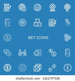 Editable 22 bet icons for web and mobile. Set of bet included icons line Slot machine, Coin, Roulette, Ace, Dice, Casino chip, Dices, Gamblers, Coins on blue background
