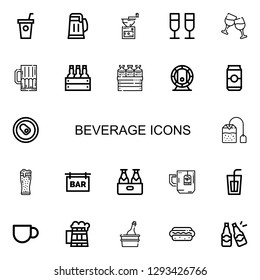Editable 22 beverage icons for web and mobile. Set of beverage included icons line Smoothie, Beer, Coffee grinder, Champagne, Cheers, Can, Tea bag, Bar, Tea on white background