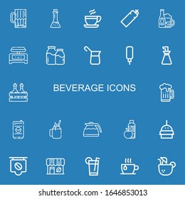 Editable 22 beverage icons for web and mobile. Set of beverage included icons line Beer, Potion, Coffee, Bottle, Bar, Shaker, Milk, Water dispenser, Oil bottle on blue background