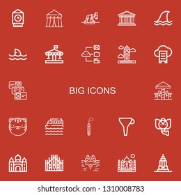 Editable 22 big icons for web and mobile. Set of big included icons line Big ben, Circus, Whale, Pantheon, Shark, Carousel, Data, Cloud data, Tiger, Cruise, Stone on red background