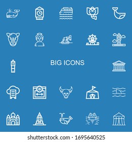Editable 22 big icons for web and mobile. Set of big included icons line Whale, Big ben, Cruise, Elephant, Rhino, Sumo, Amusement park, Pantheon, Cloud data on blue background