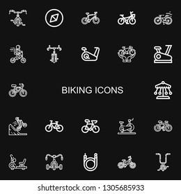 Editable 22 biking icons for web and mobile. Set of biking included icons line Bicycle, Adventure, Bike, Stationary bike, Ride, Bmx on black background