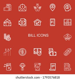 Iconos editables de 22 listas para web y móvil. El juego de facturación incluye iconos línea Recepción, Factura, Dinero, Importe en el fondo rojo