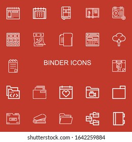 Editable 22 binder icons for web and mobile. Set of binder included icons line Calendar, Contact list, Notebook, Folders, Folder, Upload, Notepad, Staple on red background