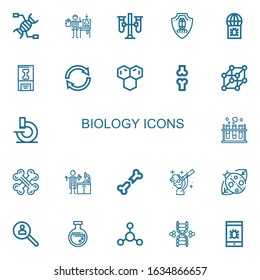 Editable 22 biology icons for web and mobile. Set of biology included icons line Dna, Scientist, Test tubes, Virus, Bone, Reuse, Molecule, Cells, Microscope on white background