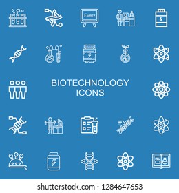 Editable 22 biotechnology icons for web and mobile. Set of biotechnology included icons line Chemistry, Dna, Formula, Nanotechnology, Proteins, Genetic, Transgenics on blue background