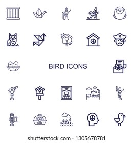 Editable 22 bird icons for web and mobile. Set of bird included icons line Cage, Origami, Swallow, Calligraphy, Macaw, Owl, Bird house, Peace, Pirate, Nest on white background