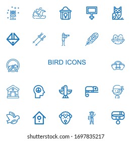 Editable 22 bird icons for web and mobile. Set of bird included icons line Owl, Swan, Fried chicken, Peace, Origami, Poles, Vigilance, Feather, Nest, Hamster ball on white background