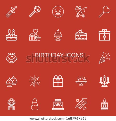 Editable 22 birthday icons for web and mobile. Set of birthday included icons line Champagne, Lollipop, Surprised, Baby carriage, Candle, Gifts, Cupcake, Cake on red background