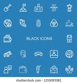 Editable 22 black icons for web and mobile. Set of black included icons line Shovel, Mountain, Projector, Kayak, Coffee maker, Planet earth, Socks, Pineapple on blue background