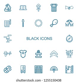 Editable 22 black icons for web and mobile. Set of black included icons line Flask, Laptop, Bird house, Column, Horn, Notes, Spoon, Sun, Chicken leg, Chairs on white background