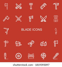 Editable 22 blade icons for web and mobile. Set of blade included icons line Axe, Scissors, Razor, Saw, Swords, Saber, Sharpener, Scythe, Sabre, Pruning shears on red background