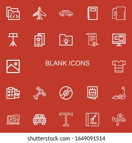 Editable 22 blank icons for web and mobile. Set of blank included icons line Folder, Planes, Car, Notebook, Stand, Flyer, Certificate, Computer, Image, Shirt on red background