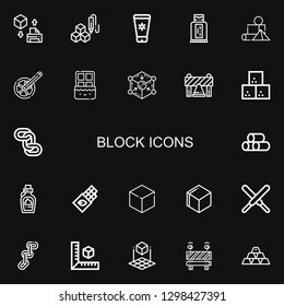 Editable 22 block icons for web and mobile. Set of block included icons line d cube, Sun lotion, Sunblock, Blocks, Chain, Chocolate, Cube, Barrier, Sugar cube on black background