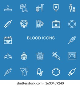 Editable 22 blood icons for web and mobile. Set of blood included icons line Blood test, Bandage, Needle, transfusion, Vaccine, Syringe, Dracula, Medical appointment on blue background
