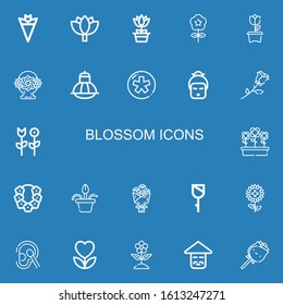 Editable 22 blossom icons for web and mobile. Set of blossom included icons line Bouquet, Lotus, Flower, Flower basket, Terrarium, Diaspora, Geisha, Rose, Flowers on blue background
