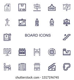 Editable 22 board icons for web and mobile. Set of board included icons line Exam, Cardboard, Sign Post, Open, Presentation, Skateboarding, Boarding, Skier on white background
