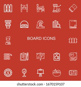 Editable 22 board icons for web and mobile. Set of board included icons line Fence, Placard, Teacher, Rook, Eraser, Presentation, Cap, Skimboard, Clipboard, Sticky note on red background