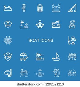 Editable 22 boat icons for web and mobile. Set of boat included icons line Boating, Pirate, Inflatable boat, Viking, Fishing, Captain, Sea, Anchor, Yatch, Rudder on blue background