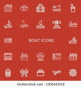 Editable 22 boat icons for web and mobile. Set of boat included icons line Cruise, Pirates, Transport, Sea, Sand bucket, Windsurf, Boat, Lighthouse, Cargo ship on red background