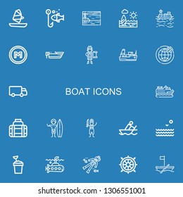 Editable 22 boat icons for web and mobile. Set of boat included icons line Windsurf, Fishing, Lighthouse, Beach, Boat, Metro, Pirate, Cargo ship, Shipping, Cruise on blue background