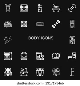 Editable 22 body icons for web and mobile. Set of body included icons line Gym station, Chest, Powder, Bath, Dumbbell, Chakra, Bone, Massage, Ray, Antiseptic on black background