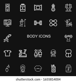 Bearbeitbar 22 Body-Icons für Web und Mobile. Set Körper inklusive Icons Linie Massage, Proteine, Make-up Remover, Mirror, Brust, Lifestyle, Golfer, Dumbell, Spa auf schwarzem Hintergrund