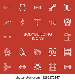 Editable 22 bodybuilding icons for web and mobile. Set of bodybuilding included icons line Dumbbell, Kettlebell, Barbell, Strength, Fitness, Judo, Weightlifting on red background