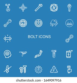 Editable 22 Bolt Icons For Web And Mobile. Set Of Bolt Included Icons Line Energy, Cross Wrench, Wrench, Electric, Power, Storm, Shocked, Flash, Saddle, Ratchet On Blue Background