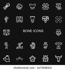 Editable 22 bone icons for web and mobile. Set of bone included icons line Fish bone, Dog, Body, Bones, Veterinarian, Orthopedic, Skull, Collar, Hamster, Pirate on black background