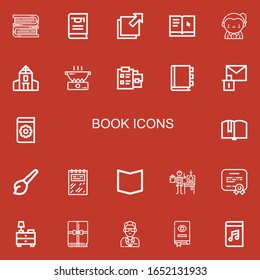 Editable 22 book icons for web and mobile. Set of book included icons line Books, Thesis, Foreign, Learning, Teacher, School, Cooking, Notepad, Appointment book on red background