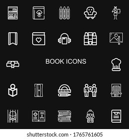 Editable 22 book icons for web and mobile. Set of book included icons line Bookcase, Guide book, Crayons, Furniture, Notebook, Bookmark, Photo album, Audiobook on black background
