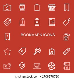 Editable 22 bookmark icons for web and mobile. Set of bookmark included icons line Tag, Ereader, Market, Bookmark, Label, Price tag, Art book, Favourite, Favorites on red background