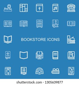 Editable 22 bookstore icons for web and mobile. Set of bookstore included icons line Cashier, Books, Bible, Audiobook, Library, Book, Bookcase, Science book on blue background