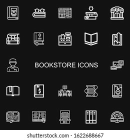 Editable 22 bookstore icons for web and mobile. Set of bookstore included icons line Book, Booking, Books, Library, Bible, Cashier, Magazine, Bookshelf on black background