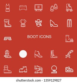 Editable 22 boot icons for web and mobile. Set of boot included icons line Clothes, Step, Tracing, Shoes, Roller skate, Boots, Cowboy, Shoe, Trousers, Boot, d printing pen on red background