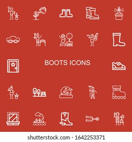 Editable 22 boots icons for web and mobile. Set of boots included icons line Gardener, Garden, Boots, Gardening, Goggle, Dressing room, Wild west, Lawn, Spur on red background