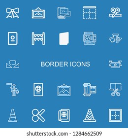 Editable 22 border icons for web and mobile. Set of border included icons line Ribbon, Frame, Album, Border, Passport, Gate, Cone, Custome, Lasso, Photo film on blue background