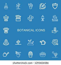 Editable 22 botanical icons for web and mobile. Set of botanical included icons line Hanging pot, Sprout, Prickly pear, Monstera leaf, Acorn, Cactus, Fern, Terrarium on blue background