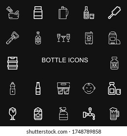 Editable 22 bottle icons for web and mobile. Set of bottle included icons line Seasoning, Mayonnaise, Hip flask, Beer, Duster, Bottle opener, Stemware, Drink on black background