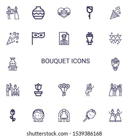 Editable 22 bouquet icons for web and mobile. Set of bouquet included icons line Wedding, Vase, Honeymoon, Rose, Party, Bouquet, Newlyweds, Bride, Wedding arch on white background