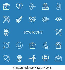 Editable 22 bow icons for web and mobile. Set of bow included icons line Gift, Cancer, Bow, Violin, Crossbow, Archery, Cupid, Ballet, Surprised, Gift box, Greeting card on blue background