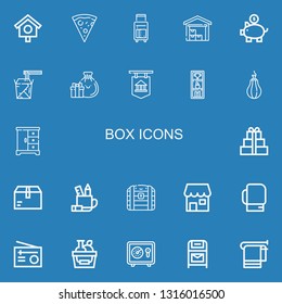 Editable 22 box icons for web and mobile. Set of box included icons line Bird house, Pizza, Suitcase, Warehouse, Piggy bank, Noodles, Gifts, Bank, Shelf, Punching ball on blue background