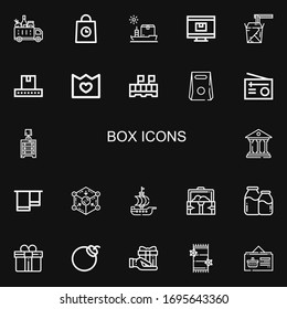 Editable 22 iconos de caja para web y móvil. El juego de caja incluía iconos línea Entrega, Envío, Tienda en línea, tallarines, distribuidor, mercancía, paquete, llevarse, radio sobre fondo negro
