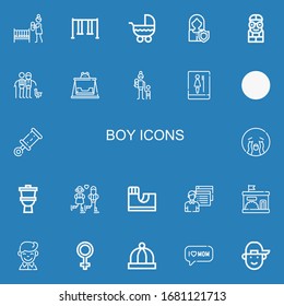 Bearbeitbar 22 Jungen Icons für Web und Mobile. Gruppe von Jungen inklusive Ikonen Linie Mutter, Schaukel, Roller, Frau, Nerd, Paar, Toilette, Rattle, Rattle, Reiten, Skate Park, Student auf blauem Hintergrund